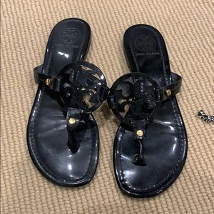 Tory Burch black patent sandals, worn, sz 8.5